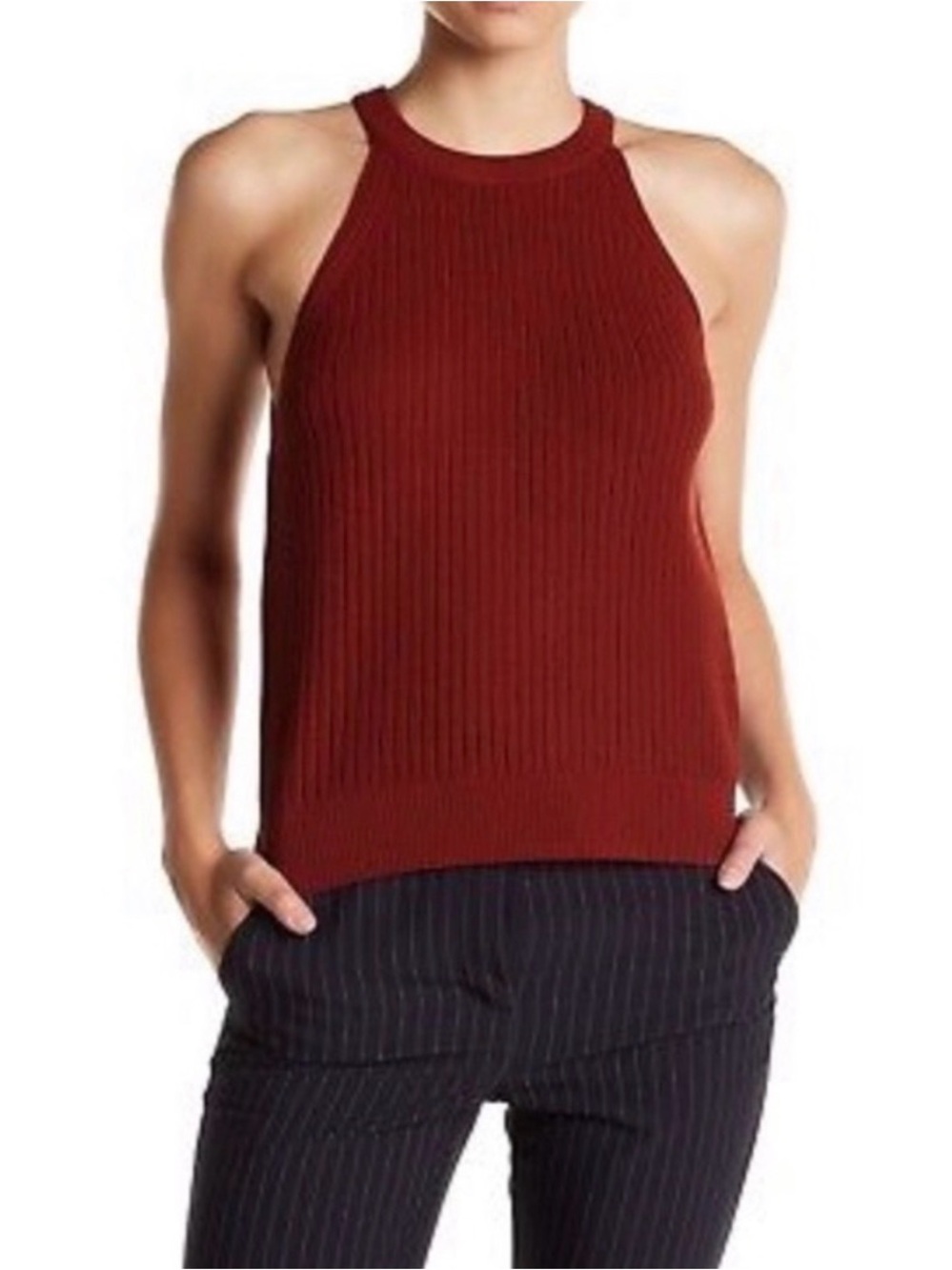 Theory | Waxson Ribbed Knit Halter Tank Top in Prosecco